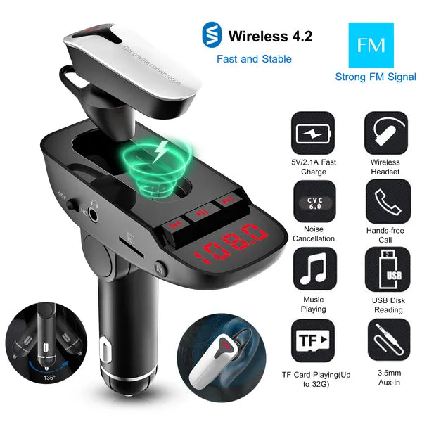Car FM Transmitter W/ Wireless Earpiece 2 USB Charge Ports Hands-free Call MP3 Player