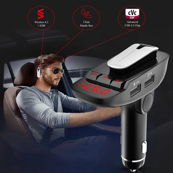 Car FM Transmitter W/ Wireless Earpiece 2 USB Charge Ports Hands-free Call MP3 Player